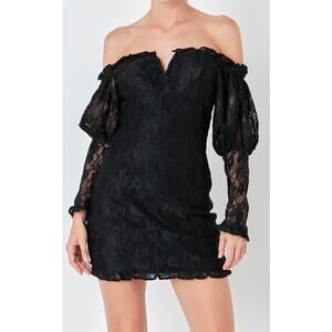 Endless Rose Off The Shoulder Dress Size Medium Black Lace Fitted Long Sleeve
